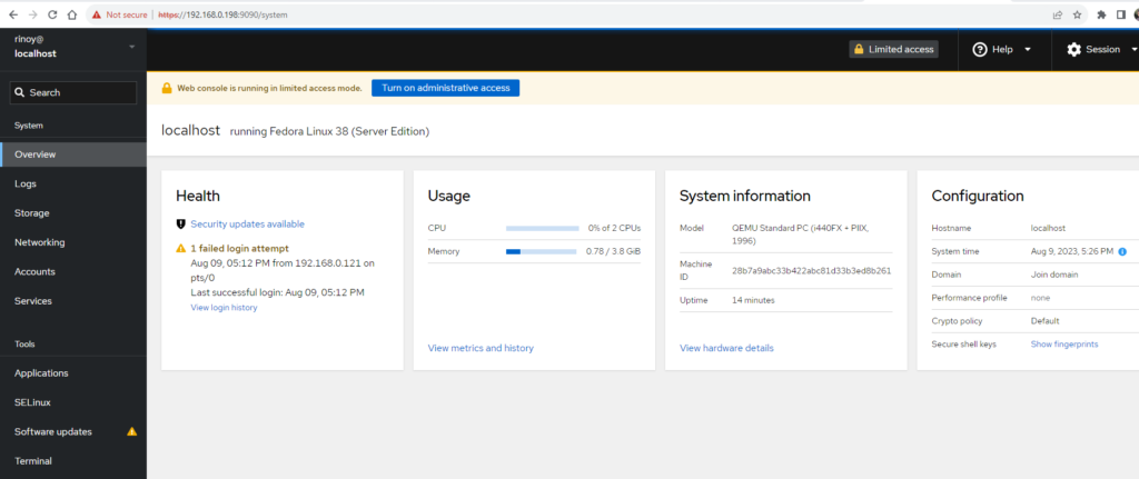 Cockpit landing page on Fedora 38