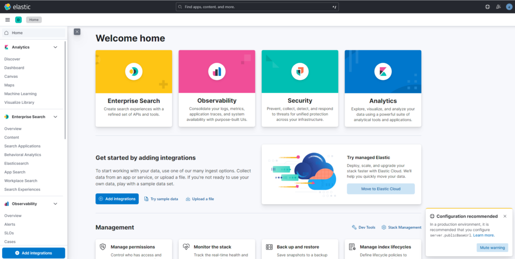 Kibana Home Page