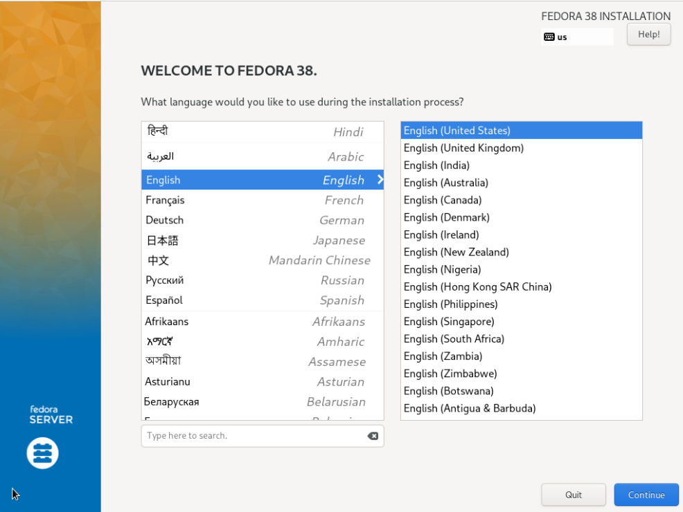 Fedora 38 installation - Select Language