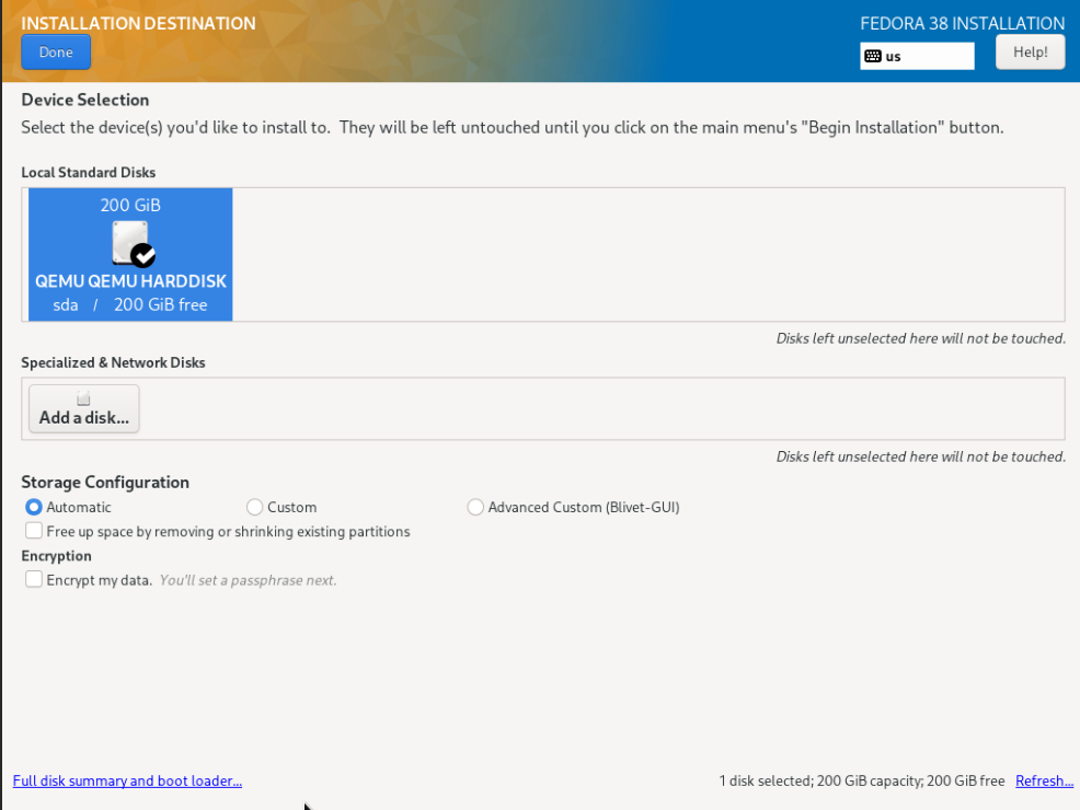 Fedora 38 Installation - Disk configuration