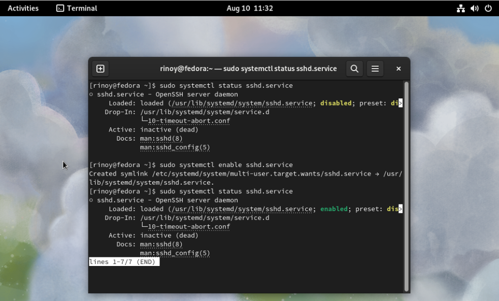 Fedora Workstation 38 Enable SSHd