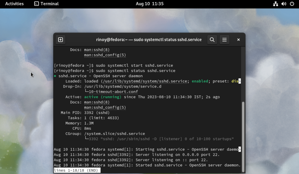 Fedora Workstation 38 SSHd Start
