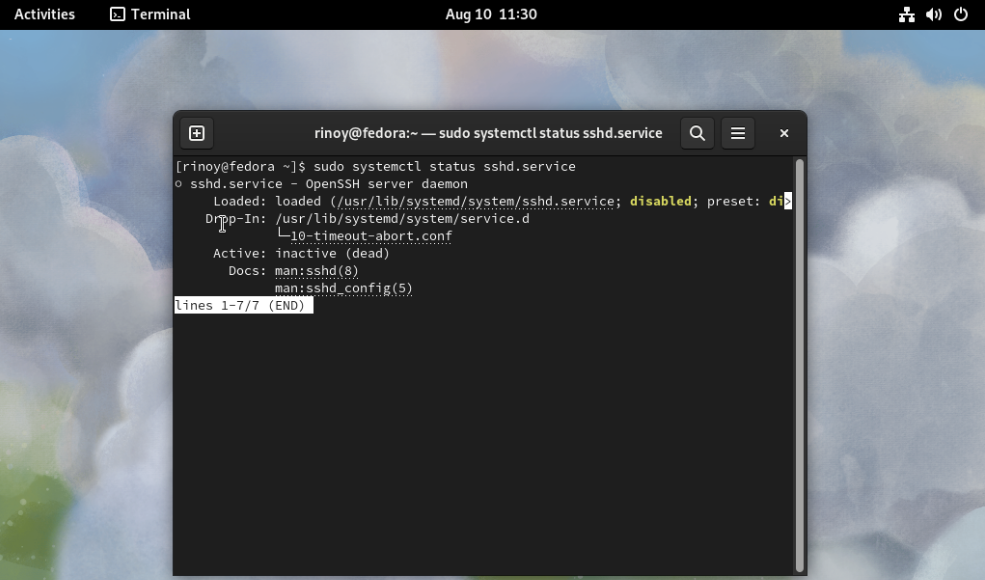 Fedora Workstation 38 SSHd Service Status