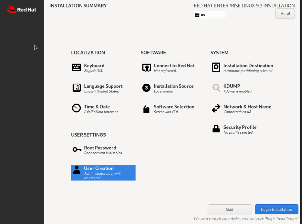 RHEL 9.2 Installation Configuration