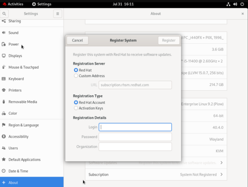 RHEL 9.2 Installation - Register System - Credentials